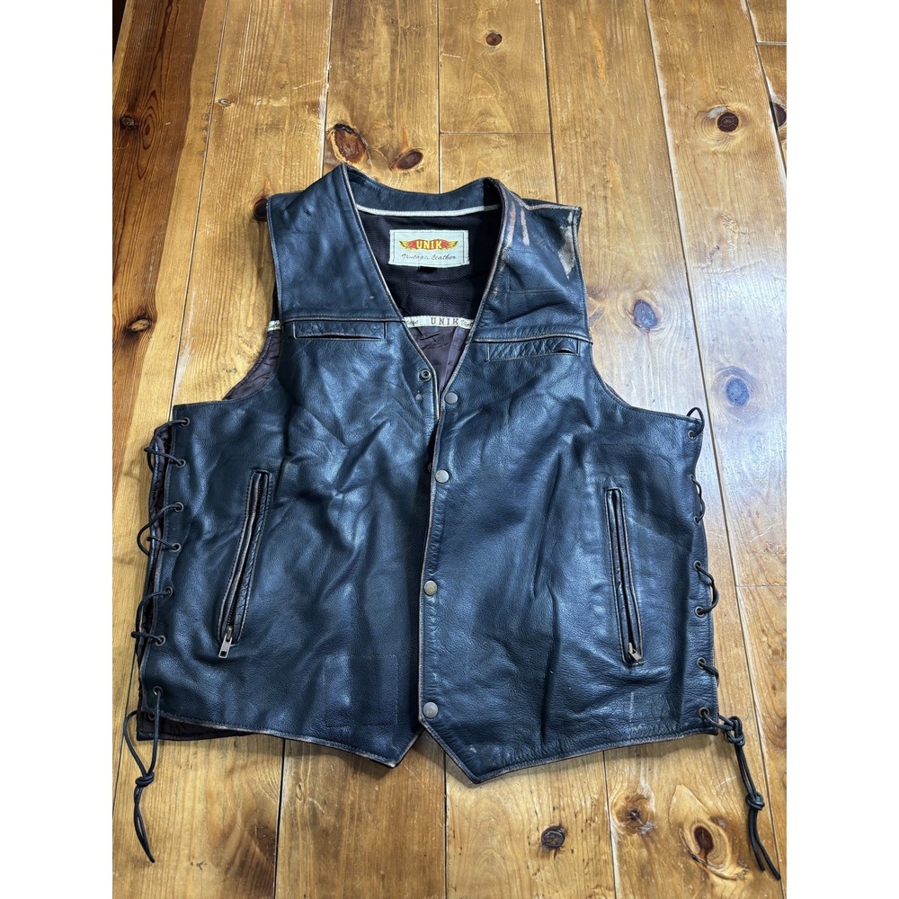 UNIK Vintage Leather Biker Vest Men's XL Black Side Lacing Snap Zip Motorcycle